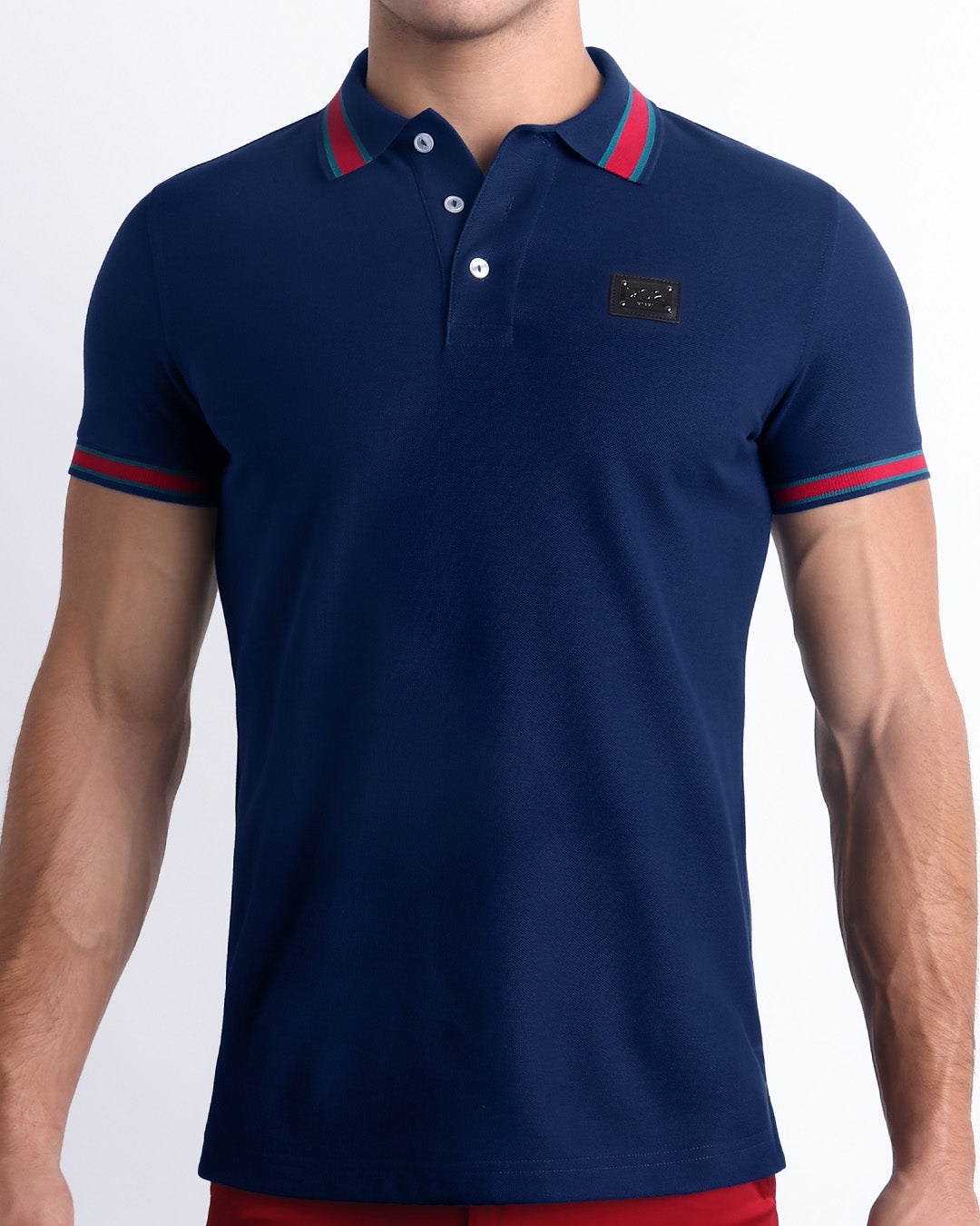 Front view of the FONTAINE BLUE Polo Shirt. It features a slim fit and short sleeves for a modern twist. Made from Peru's premium Pima Cotton, it's stylish and comfortable by DC2 a BANG! Miami Clothes capsule brand.