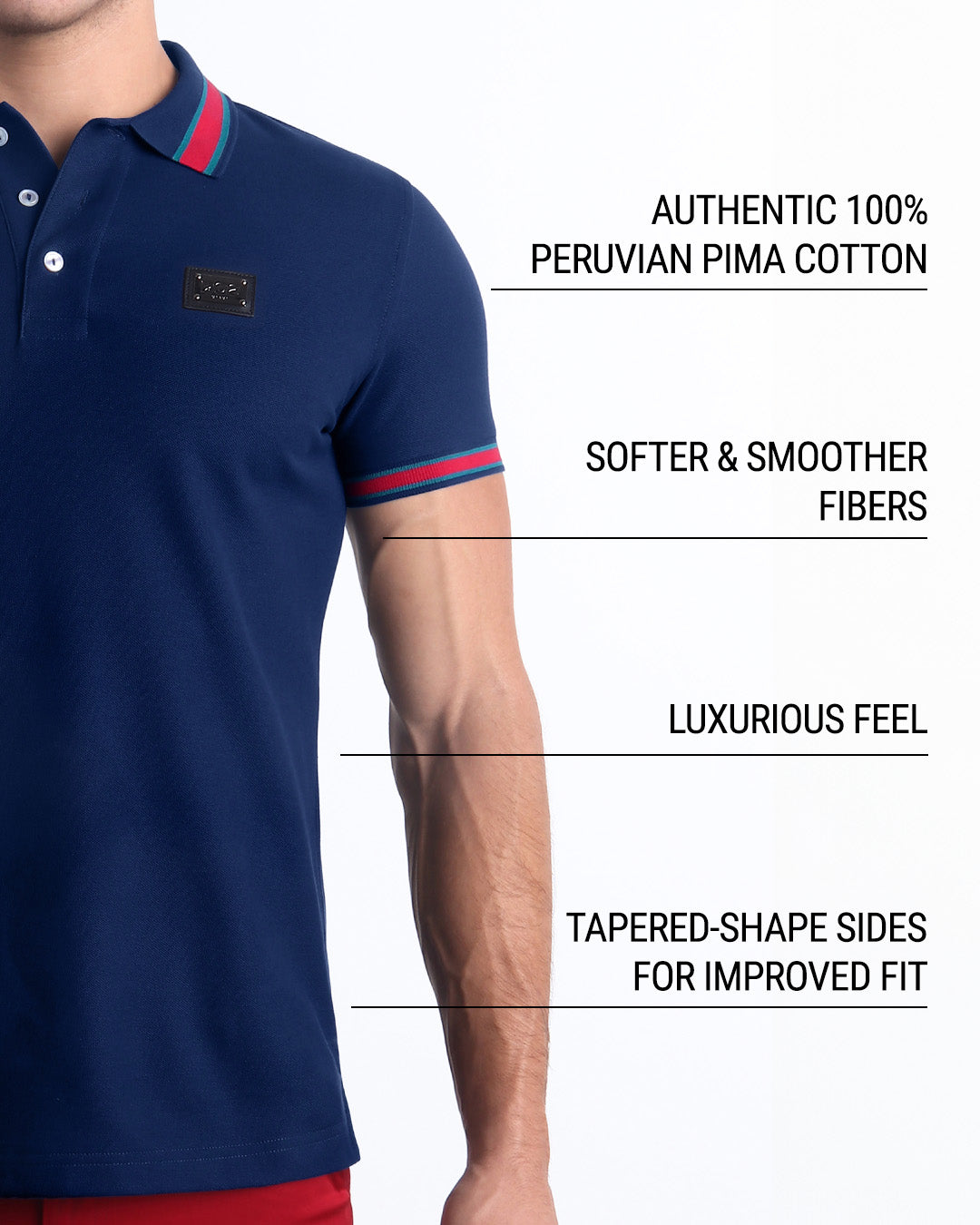 Infographic explaining that DC2 Polo Shirts are crafted from authentic 100% Peruvian Pima Cotton, featuring softer and smoother fibers, a luxurious feel, and tapered sides for an improved fit.