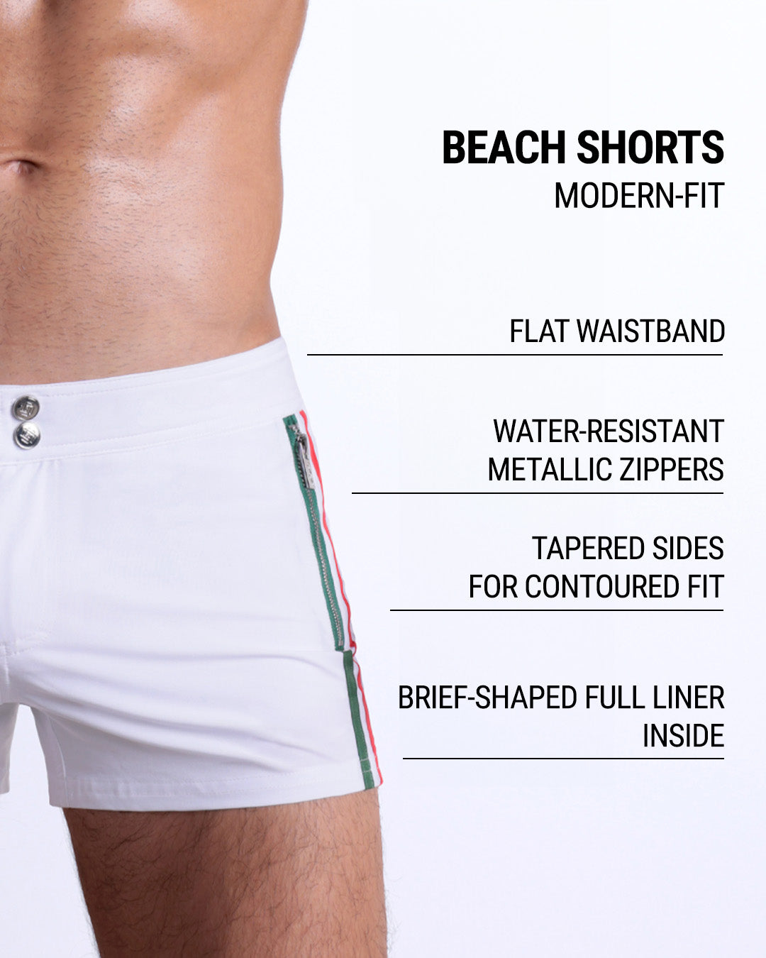 Infographic displaying the contemporary fit of DC2 Beach Shorts. These shorts feature a flat waistband, water-resistant metallic zippers, tapered sides for contoured fit, and a brief-shaped full liner inside. 