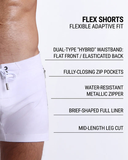 DC2’s Flex Shorts feature a dual-type “hybrid” waistband, fully-closing zip pockets, water-resistant metallic zipper, full liner, and mid-length leg cut for an adaptive, flexible fit.