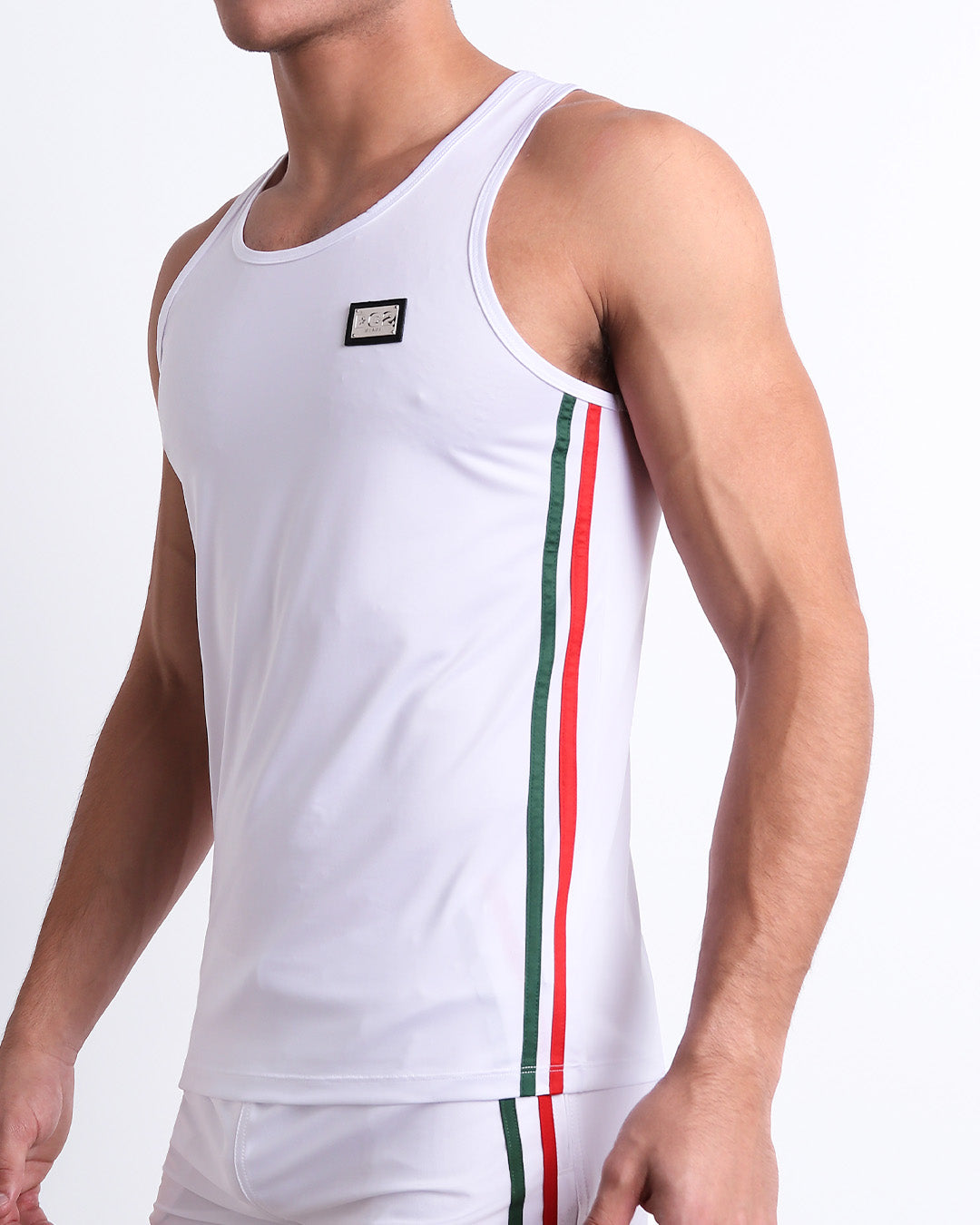 Side view of the FORZA WHITE beach quick-dry tank top for men features a in a solid white color, made by DC2 a capsule brand by BANG! Clothes in Miami.