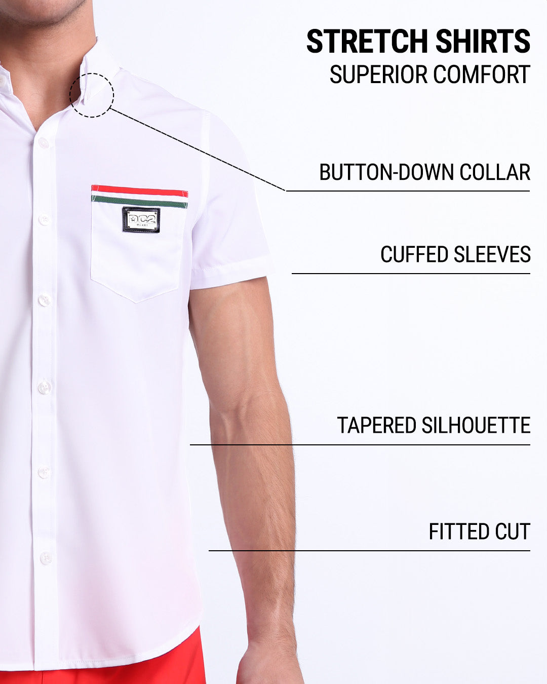 Infographic displaying the contemporary fit of DC2 men's sleeveless Hawaiian Stretch Shirt. This button up shirt features a button-down collar, cuffed sleeves, tapered silhouette, and a fitted cut. 