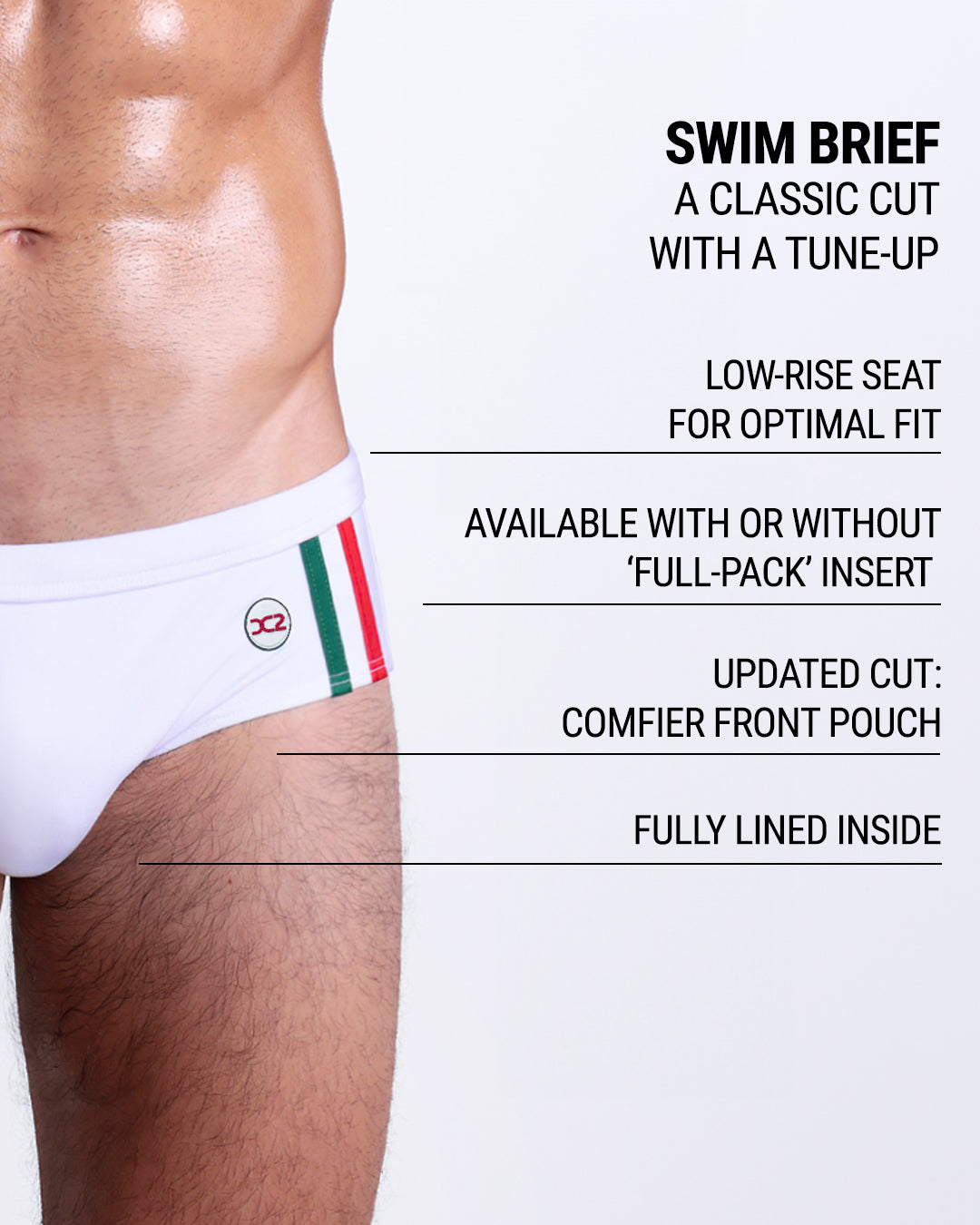 Product details graphic of Forza White Swim Briefs — showcasing low-rise seat, front pouch, full lining, and optional ‘Full-Pack’ insert.
