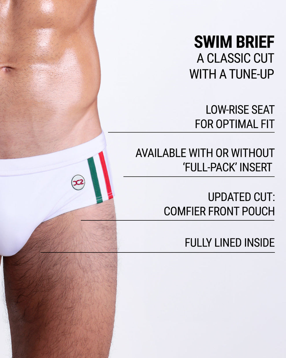 Product details graphic of Forza White Swim Briefs — showcasing low-rise seat, front pouch, full lining, and optional ‘Full-Pack’ insert.