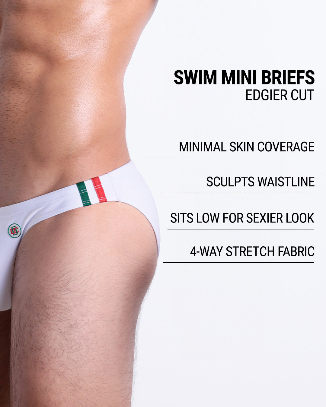 Infographic explaining the edgier cut of the Swim Mini Briefs. Features sculpt waitline, 4-way stretch fabric, sits low for sexier look, and has quick-dry material.