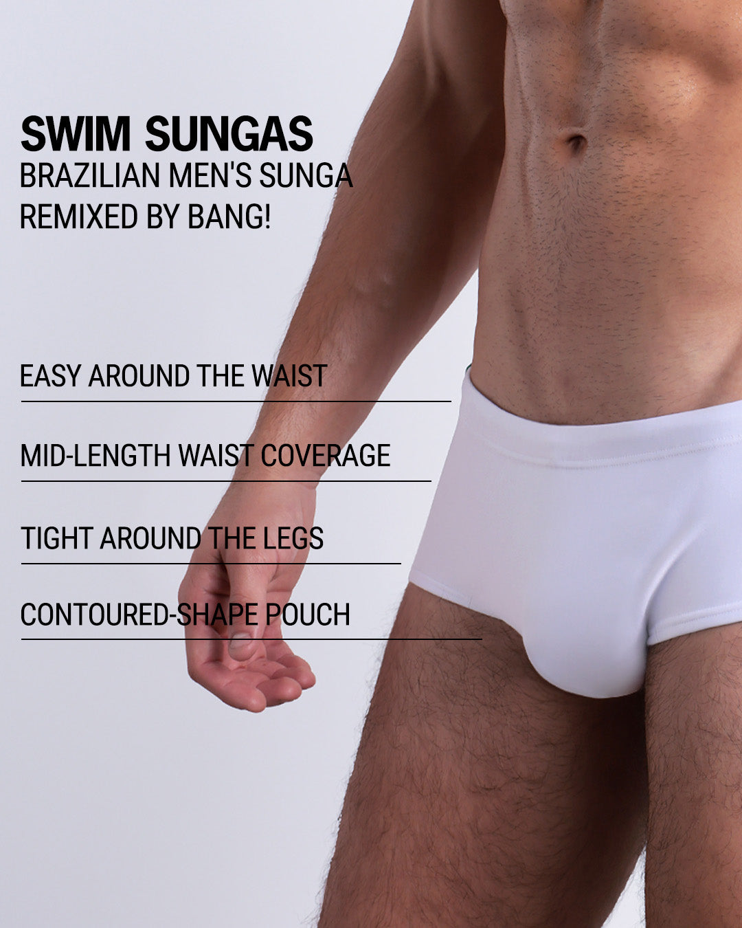 Infographic explaining the Brazilian Men's Swim Sunga remixed by BANG! These Swim Sunga are easy around the waist, are mid-length waist coverage, are tight aroung the legs, and have contoured-shape pouch.