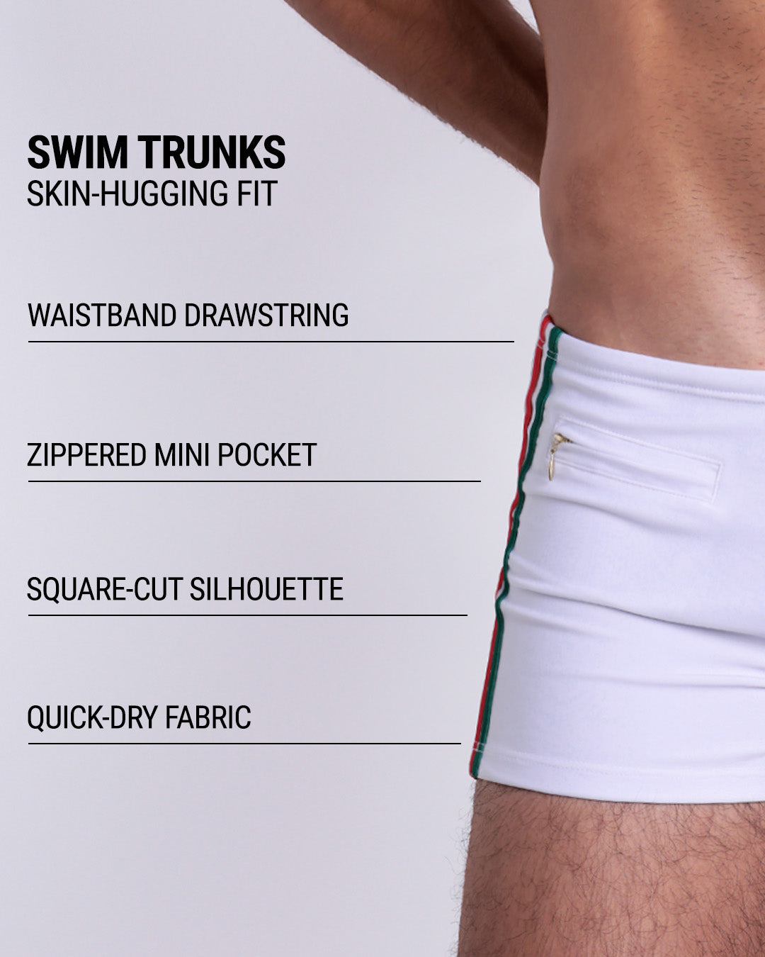 Infographic explaining the Swim Trunks swimming shorts by DC2. These Swim Trunks have a skin-hugging fit, have separate waistband construction, zippered mini pocket, square-cut form-fitting silhouette and quick-dry fabric.