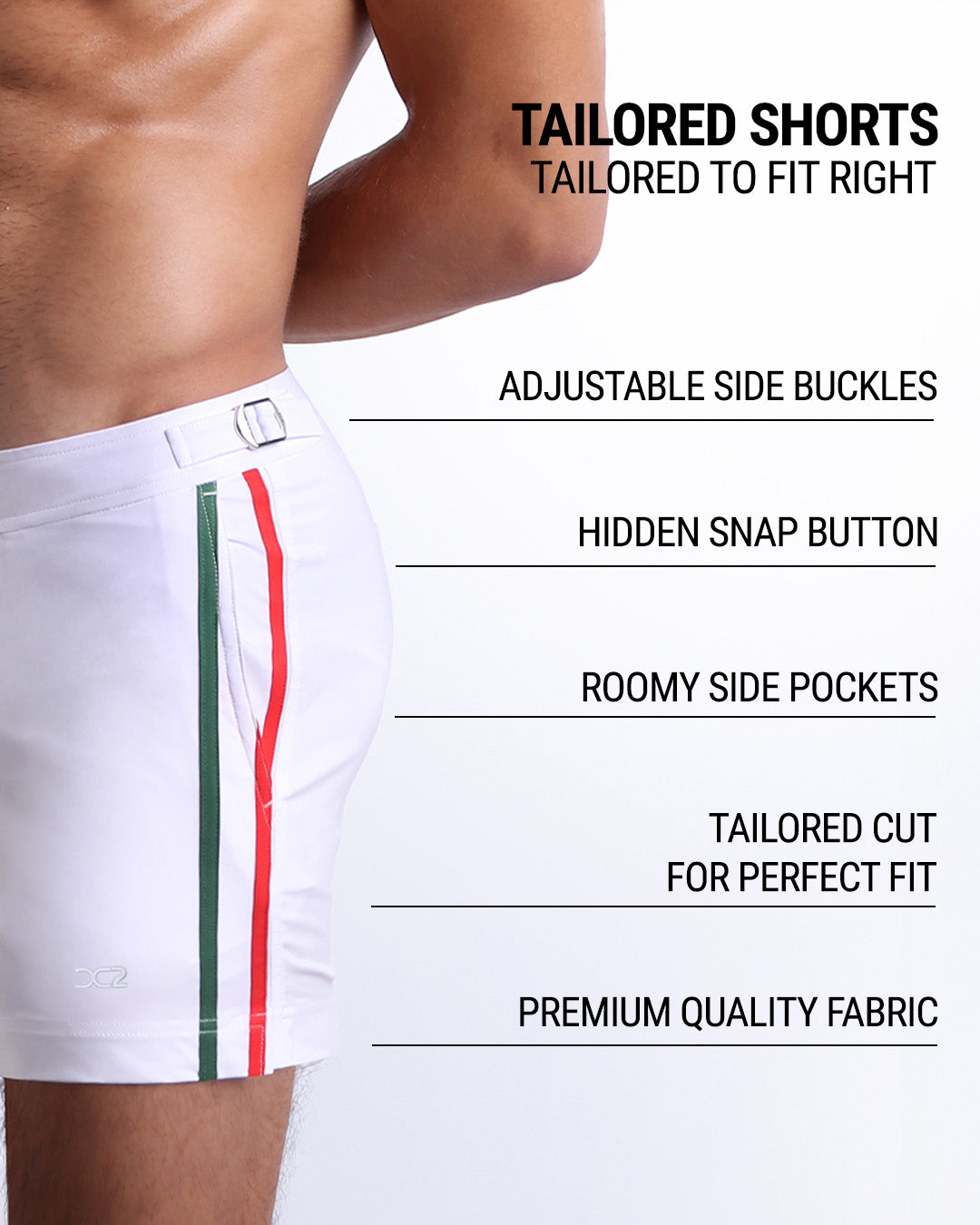 Forza White Tailored Shorts infographic highlighting adjustable side buckles, hidden snap button, roomy side pockets, premium fabric, and a tailored fit.