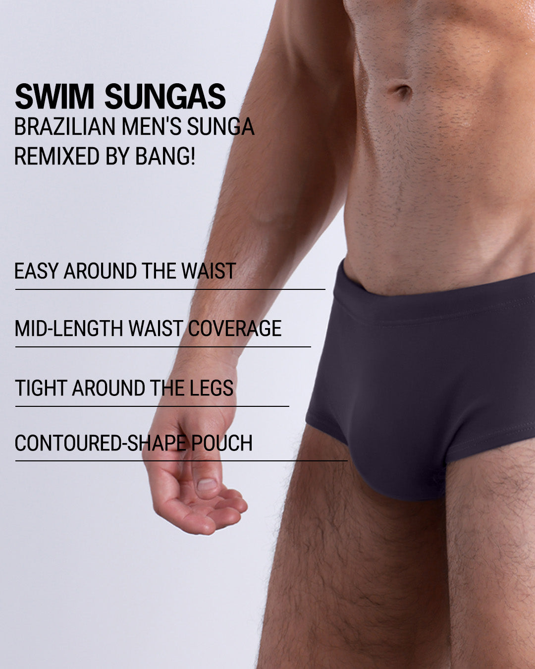 Infographic explaining the Brazilian Men's Swim Sunga remixed by BANG! These Swim Sunga are easy around the waist, are mid-length waist coverage, are tight aroung the legs, and have contoured-shape pouch.