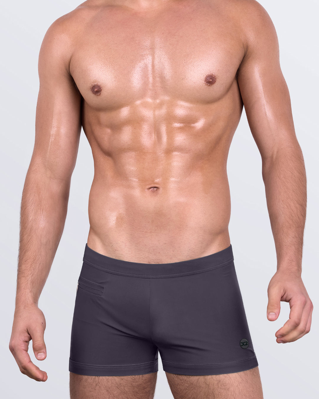 DC2 Gotham Grey Swim Trunks — front view highlighting skin-hugging fit, clean waistband finish, and subtle tonal logo detail.