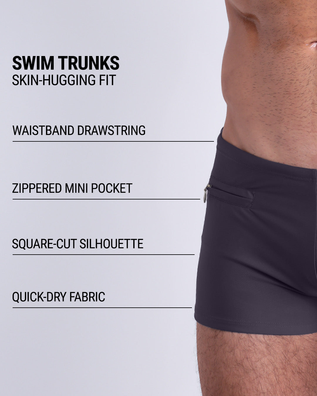 Infographic explaining the Swim Trunks swimming shorts by DC2. These Swim Trunks have a skin-hugging fit, have a waistband drawstring, zippered mini pocket, square-cut silhouette and quick-dry fabric.