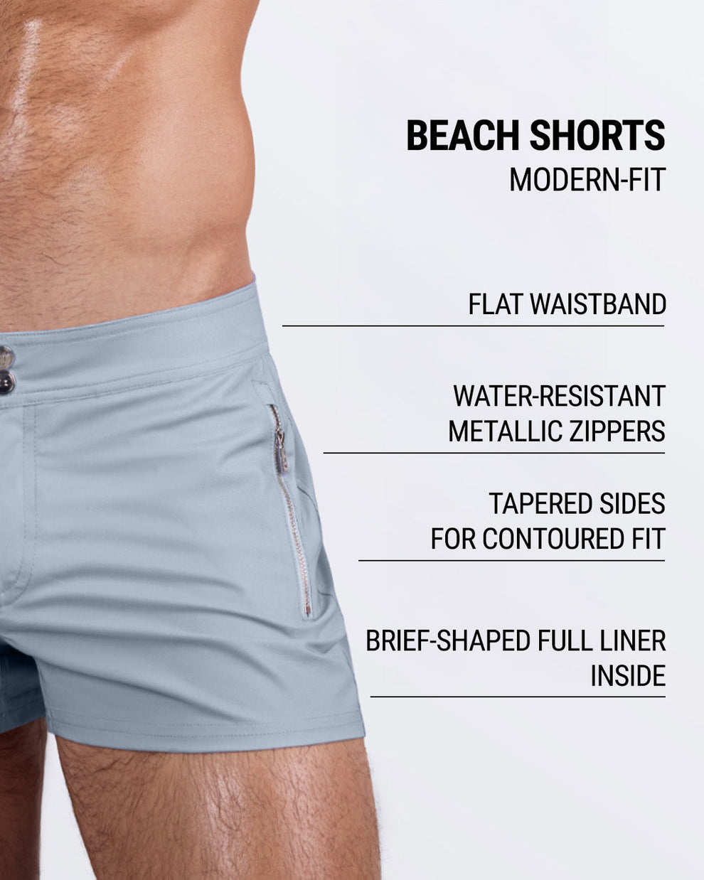 Close-up side view of a male model wearing the GREY ANATOMY Beach Shorts for men by DC2 Miami in a solid light grey color. These modern-fit swim shorts feature a sleek flat waistband, water-resistant metallic zippers, and tapered sides for a contoured fit. Designed with a brief-shaped full liner for added support, these premium beach shorts blend style, comfort, and functionality for the ultimate swimwear experience.