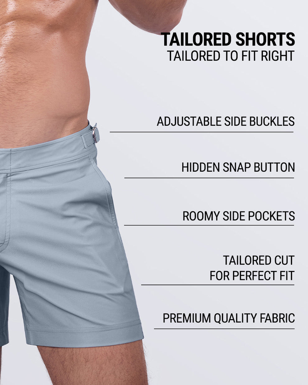 A detailed view of the GREY ANATOMY - Tailored Shorts, with text overlay describing its features, including tailored cut, roomy side pockets, adjustable buckles, and high-quality fabric.