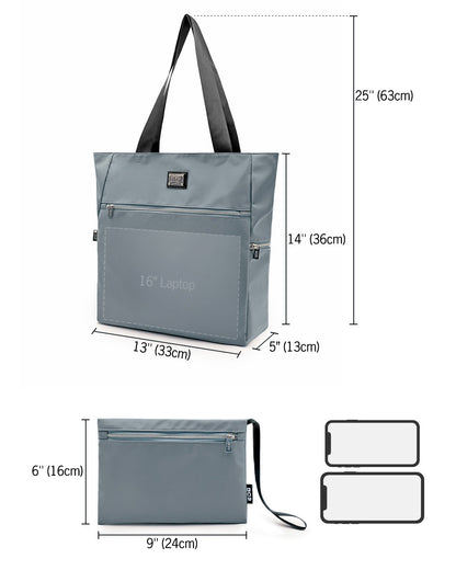 Sizing infographic for the VACAY GRAY Poolside Tote Bag by DC2 Miami. The main tote bag measures 25 inches (63 cm) in height including straps, 14 inches (36 cm) in height without straps, and 5 inches (13 cm) in depth, accommodating a 16-inch laptop. The detachable pouch measures 9 inches (24 cm) in width and 6 inches (16 cm) in height.