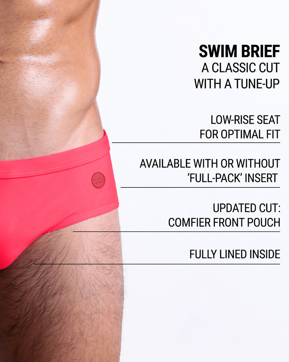 Product features graphic of HIGH VOLTAGE RED Swim Briefs — showcasing updated pouch and full lining.