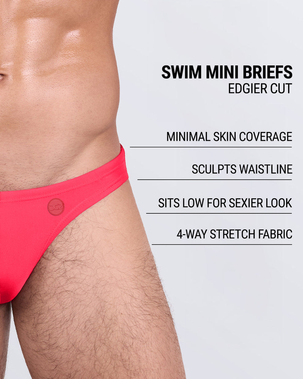 Product details graphic of HIGH VOLTAGE RED Swim Mini Briefs — features edgy cut, stretch, and sculpting fit.