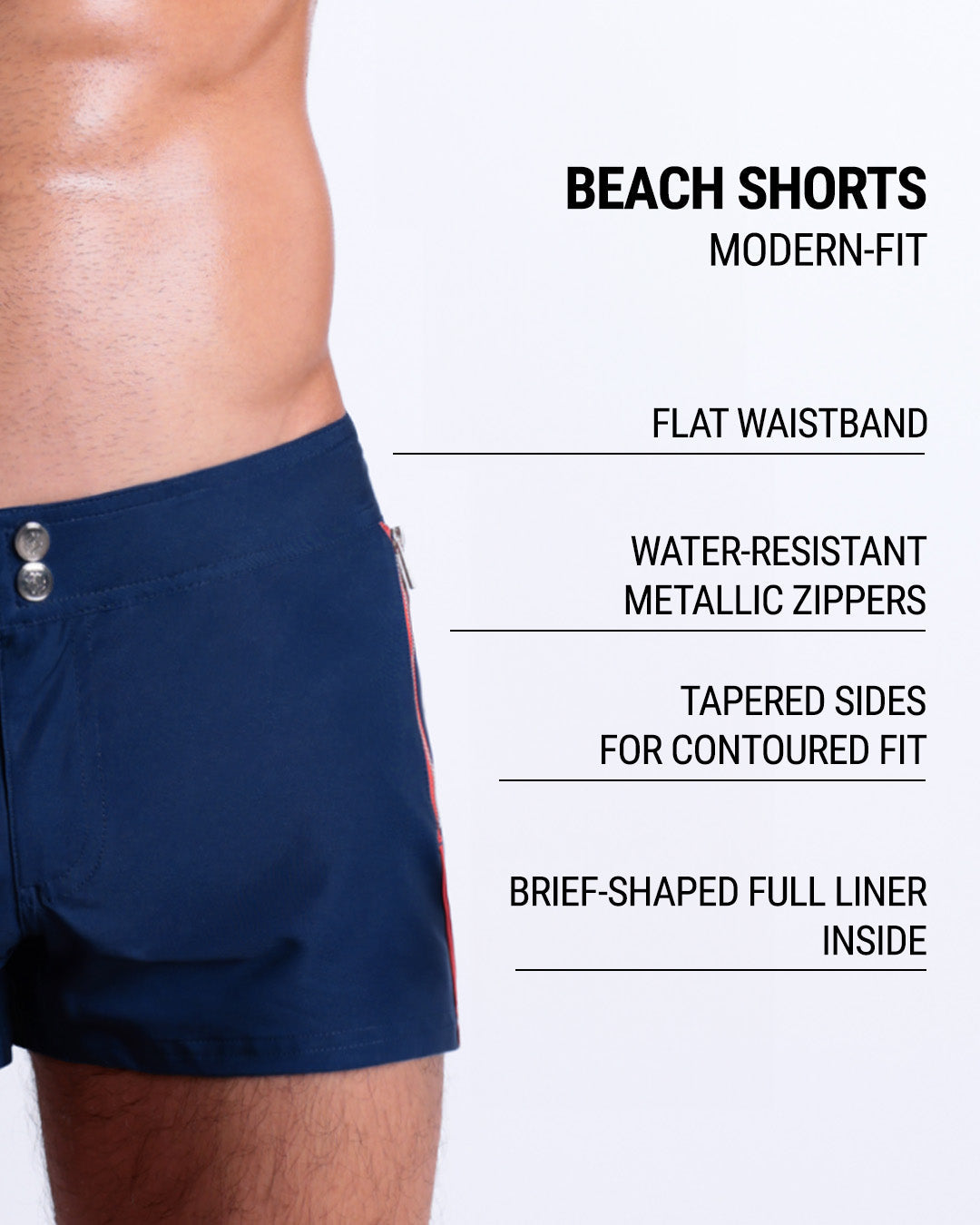 Infographic displaying the contemporary fit of DC2 Beach Shorts. These shorts feature a flat waistband, water-resistant metallic zippers, tapered sides for contoured fit, and a brief-shaped full liner inside. 