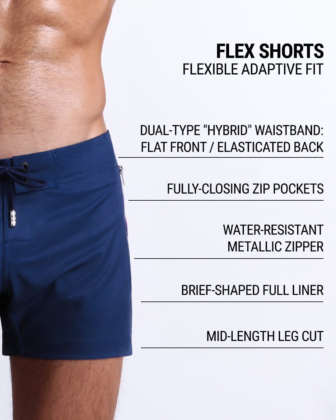 DC2’s Flex Shorts feature a dual-type “hybrid” waistband, fully-closing zip pockets, water-resistant metallic zipper, full liner, and mid-length leg cut for an adaptive, flexible fit.