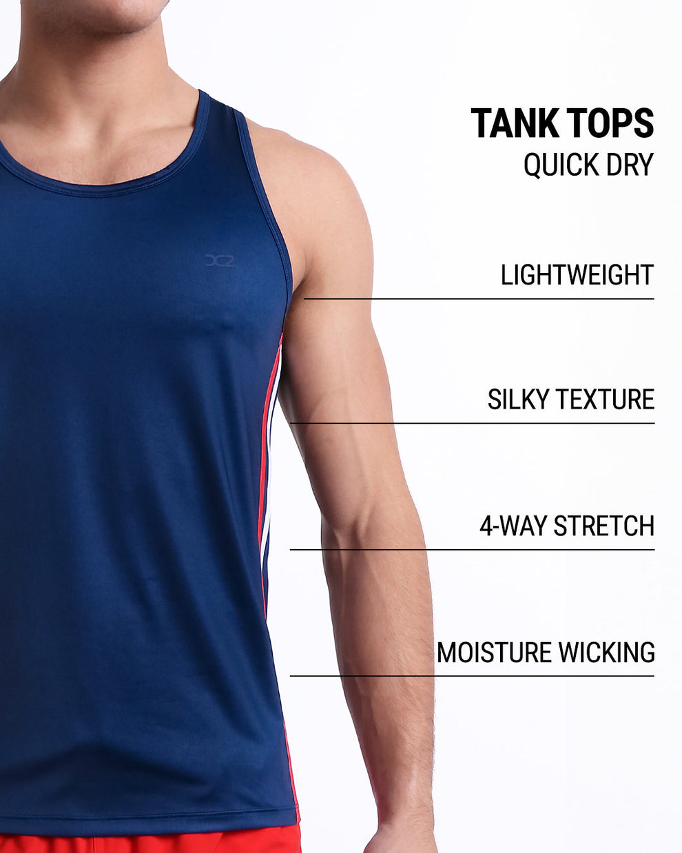 DC2 Imperial Blue Gym Tank Top — product graphic listing quick-dry, lightweight, silky texture, 4-way stretch, and moisture-wicking features.