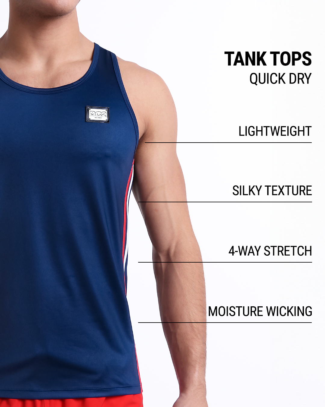 An infographic explaining the features of the lightweight, silky texture, 4-way stretch, and moisture-wicking material of the DC2 fitness tank top.