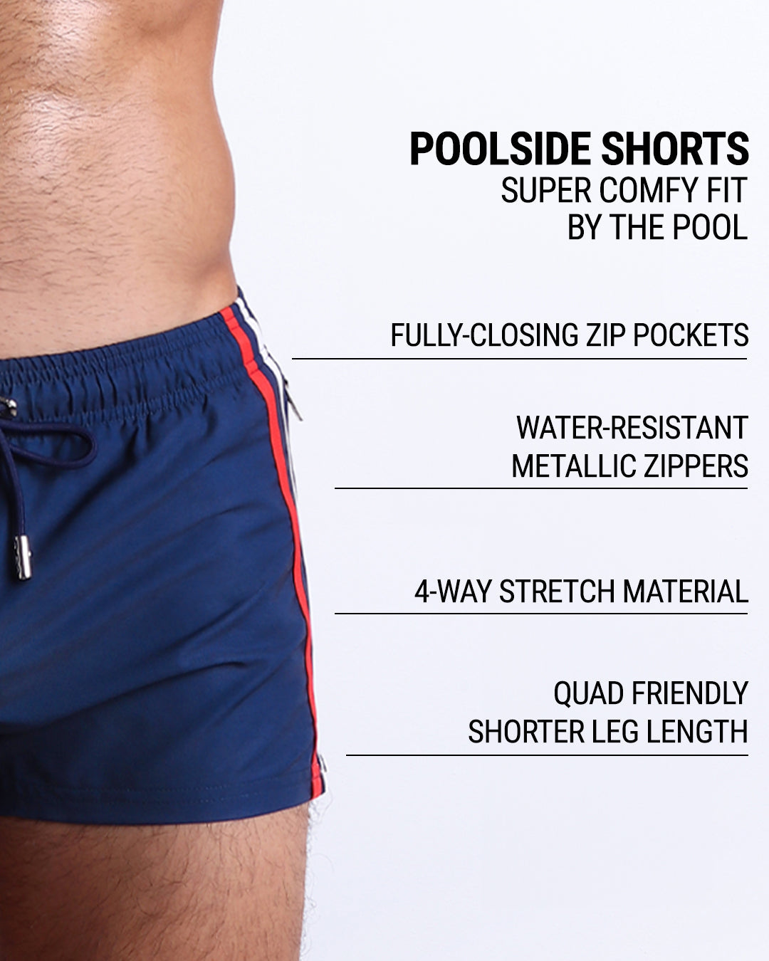 Imperial Blue Poolside Shorts infographic highlighting fully closing zip pockets, water-resistant metallic zippers, four-way stretch fabric, and quad-friendly shorter leg length.