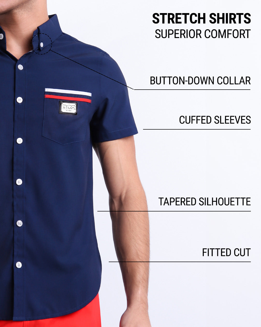 Infographic displaying the contemporary fit of DC2 men's sleeveless Hawaiian Stretch Shirt. This button up shirt features a button-down collar, cuffed sleeves, tapered silhouette, and a fitted cut. 