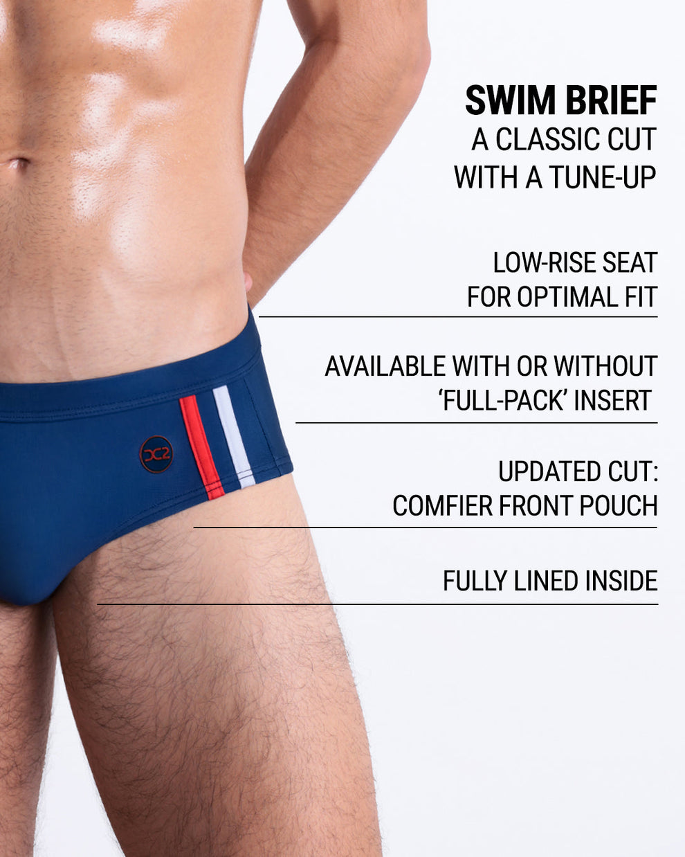 Product details graphic of Imperial Blue Swim Briefs — showcasing features like lined interior, low-rise seat, and enhanced comfort pouch.