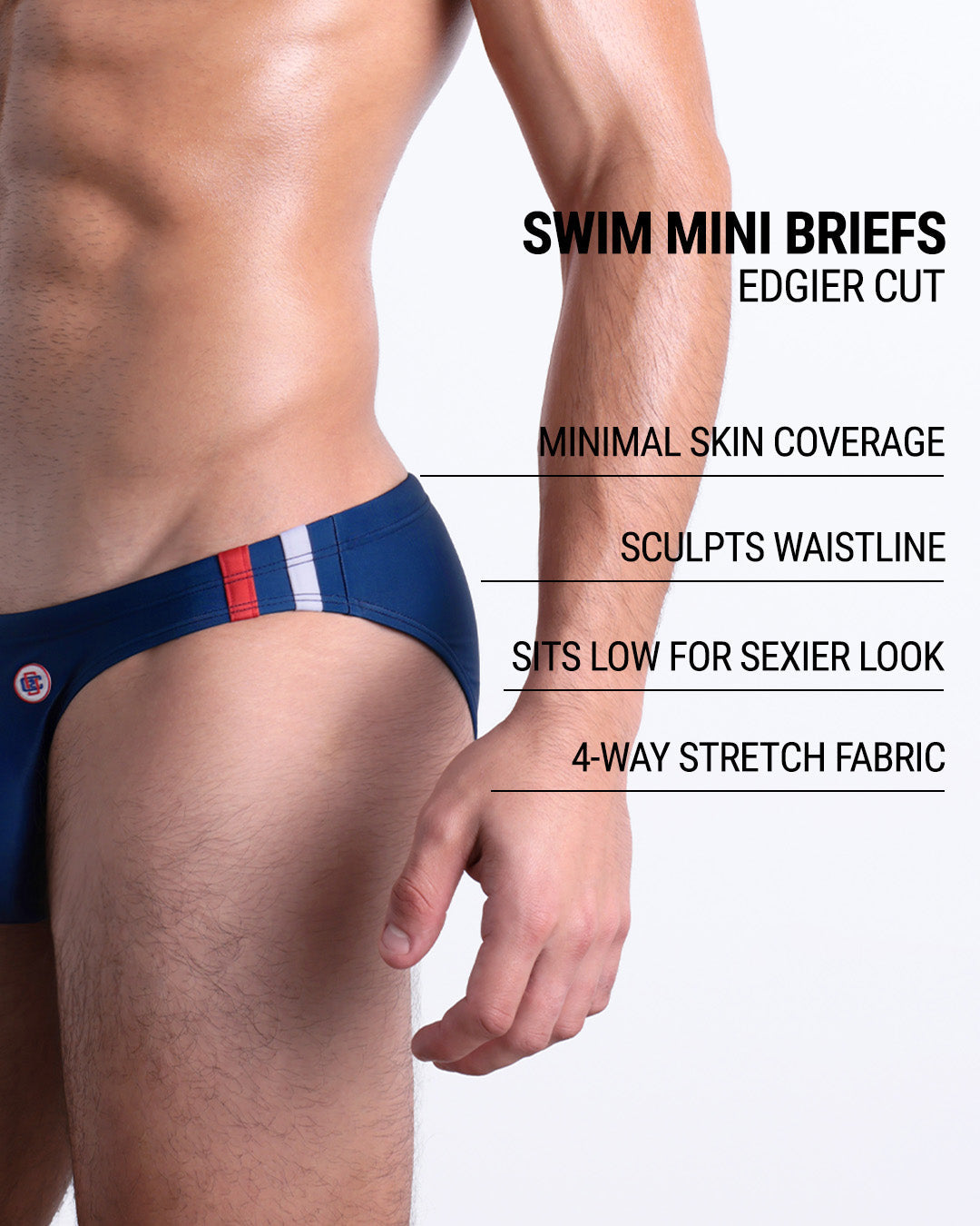 Infographic explaining the edgier cut of the Swim Mini Briefs. Features sculpt waitline, 4-way stretch fabric, sits low for sexier look, and has quick-dry material.