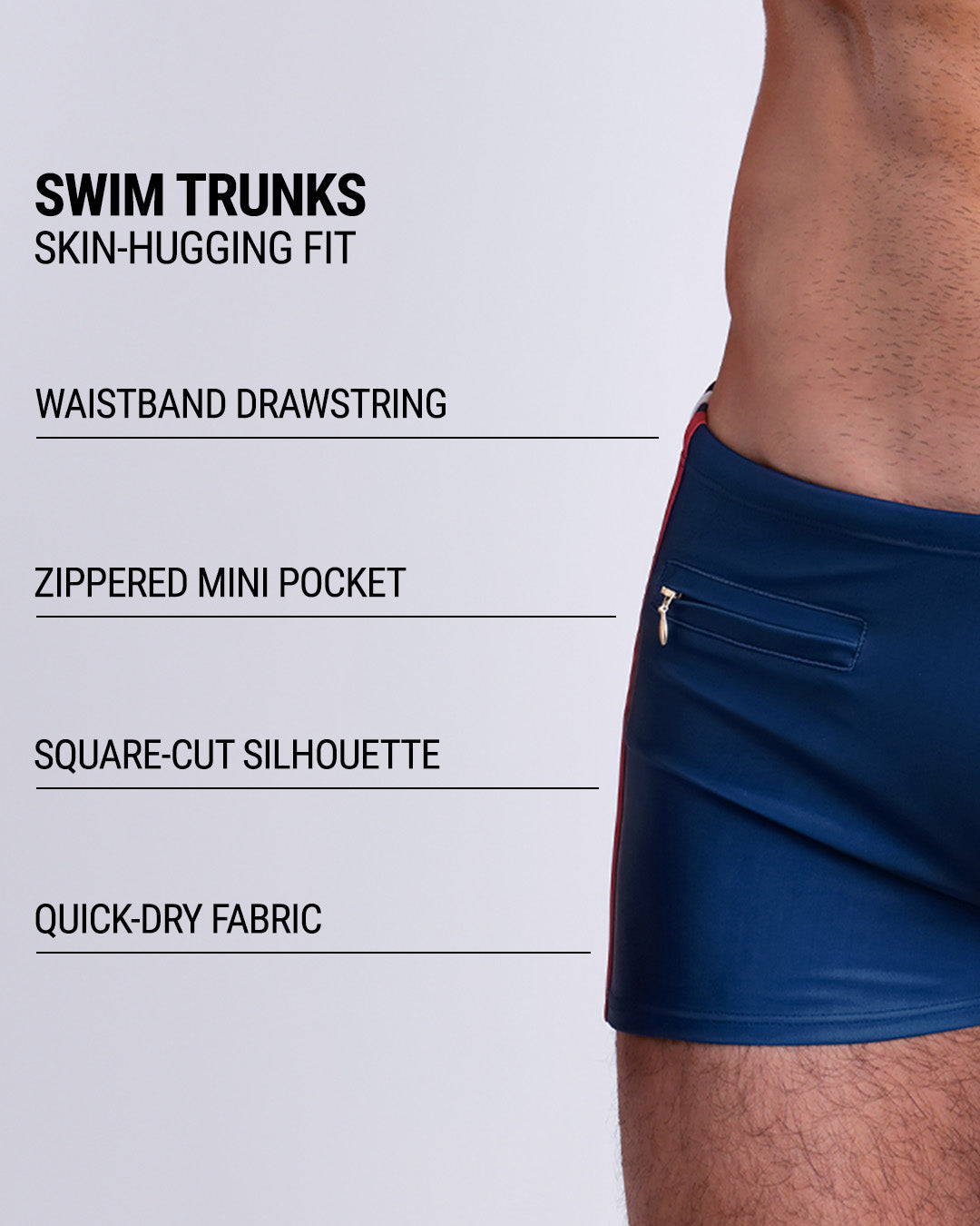 Infographic explaining the Swim Trunks swimming shorts by DC2. These Swim Trunks have a skin-hugging fit, have separate waistband construction, zippered mini pocket, square-cut form-fitting silhouette and quick-dry fabric.