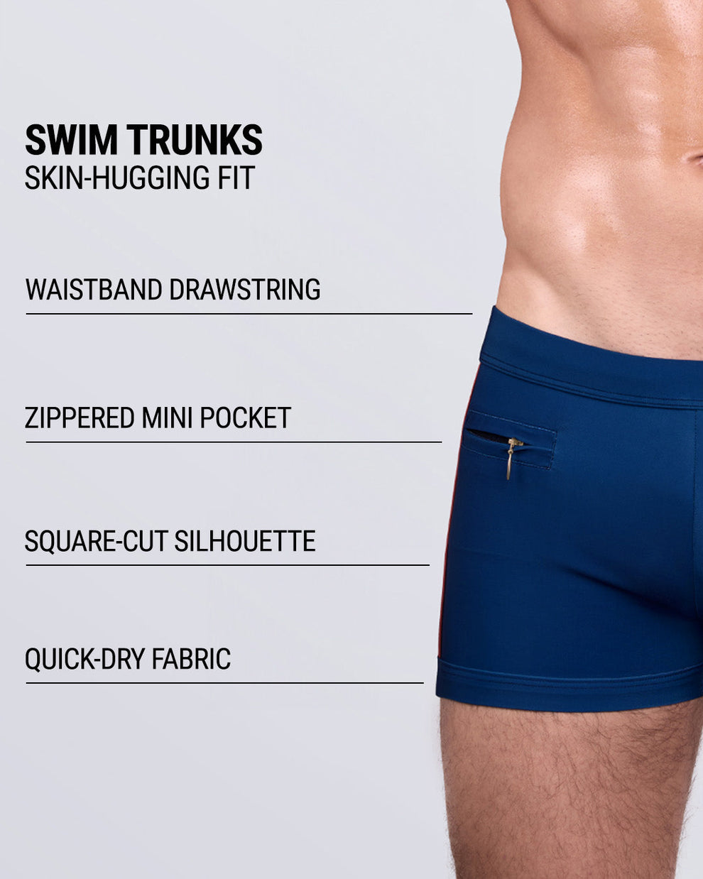 Product details graphic of IMPERIAL BLUE Swim Trunks — showcasing skin-hugging fit, drawstring waistband, mini pocket, and square-cut style.