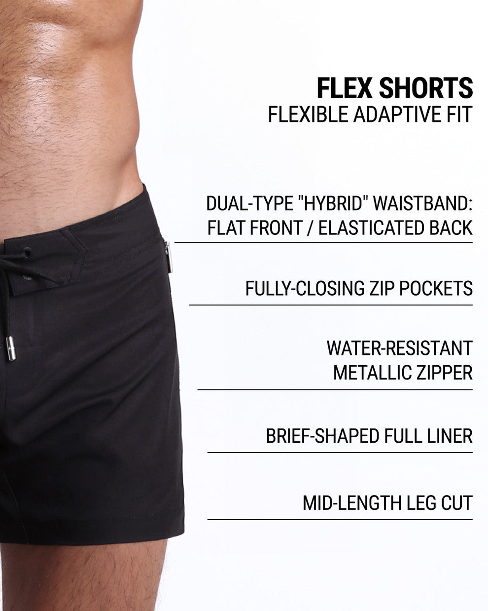DC2’s Flex Shorts feature a dual-type “hybrid” waistband, fully-closing zip pockets, water-resistant metallic zipper, full liner, and mid-length leg cut for an adaptive, flexible fit.