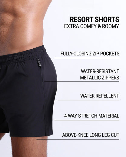 DC2’s Resort Shorts are designed to be comfortable and roomy, with fully-closing zip pockets and water-resistant metal zippers. They have 4-way stretch, water-repellent material, and are cut above the knee.