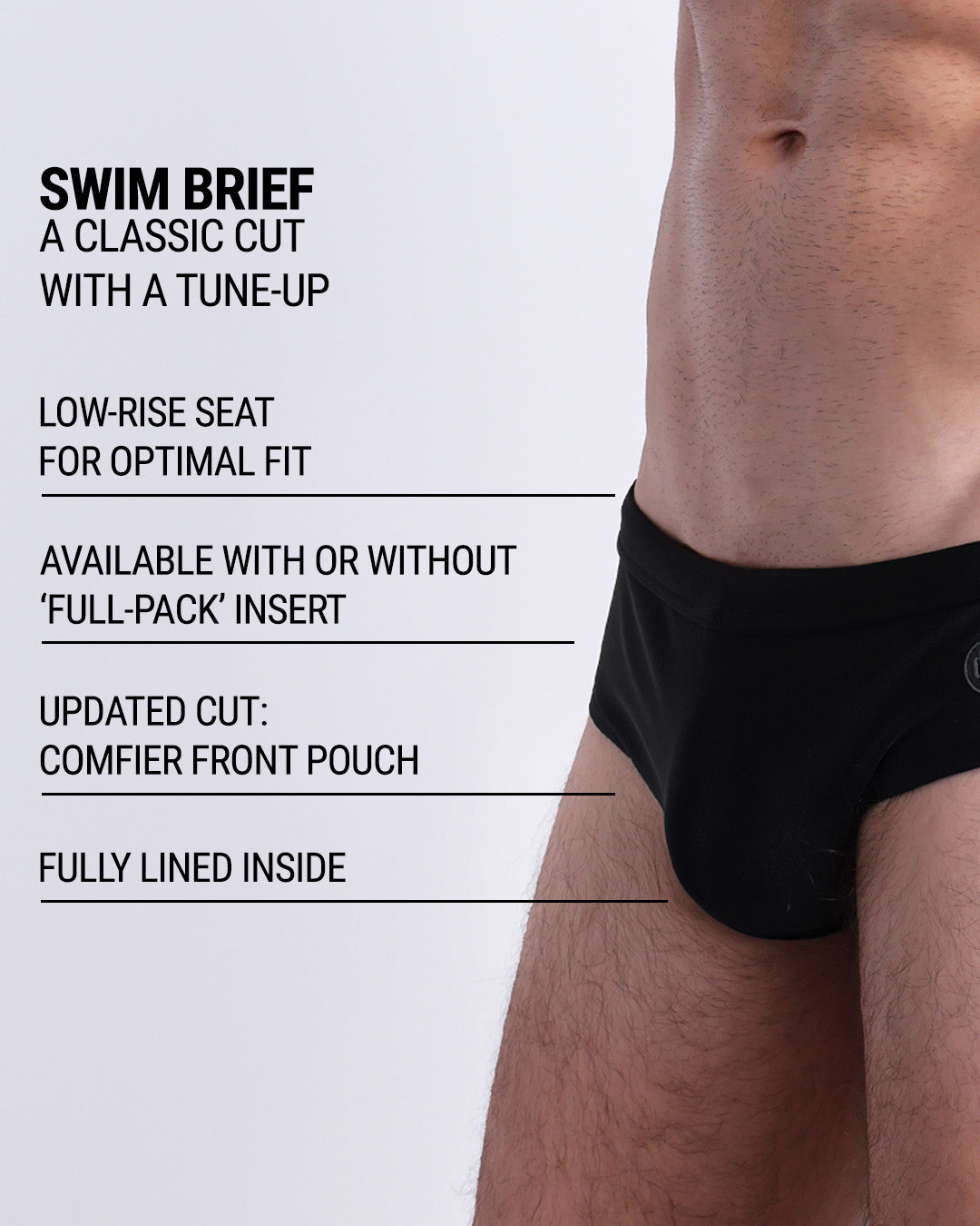 Infographic explaining the classic cut with a tune-up JET BLACK Swim Brief by DC2. These men swimsuit is low-rise seat for optimal fit, available with or without 'Full-Pack' insert, comfier front pouch, and fully lined inside.