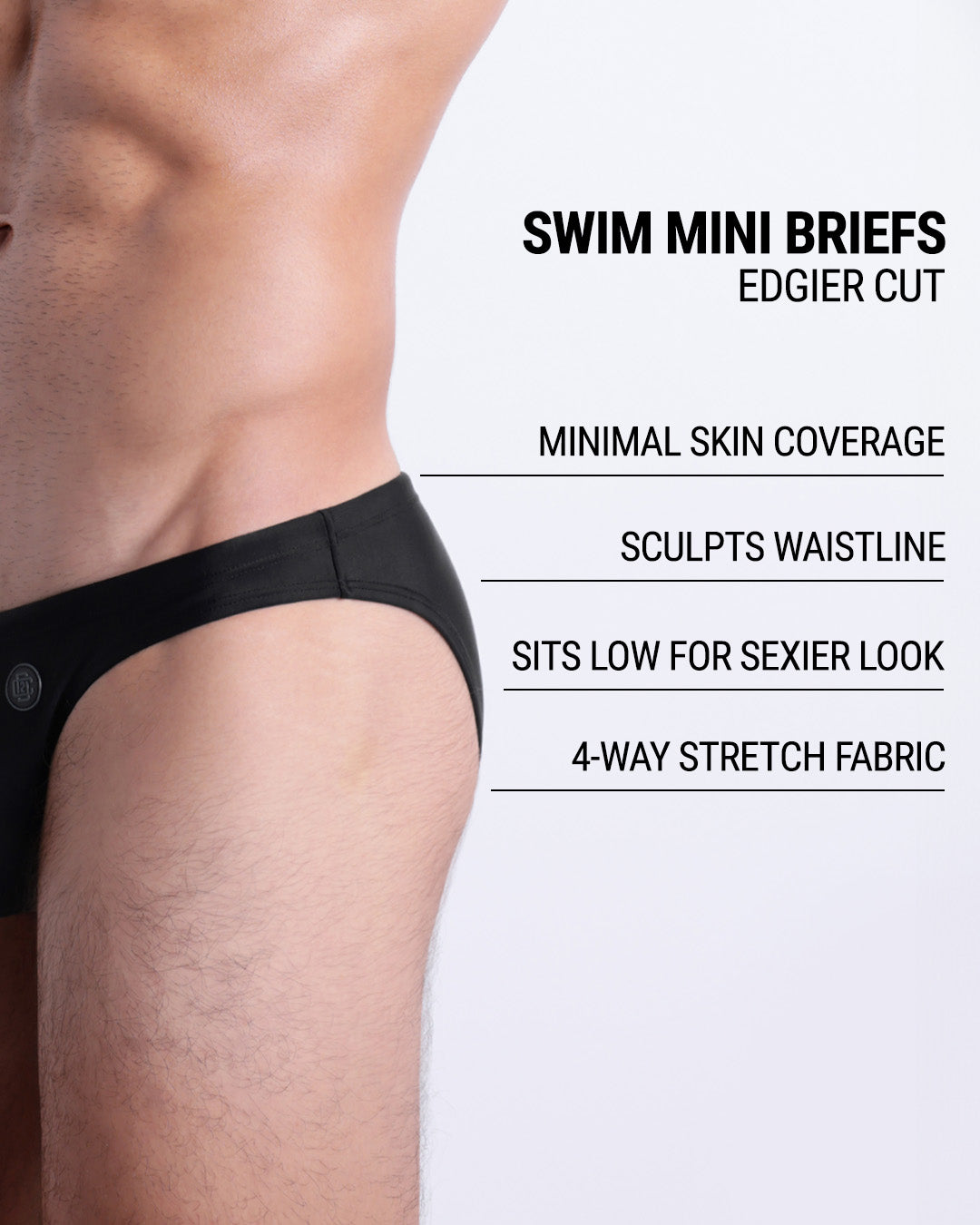 Infographic explaining the edgier cut of the Swim Mini Briefs. Features sculpt waitline, 4-way stretch fabric, sits low for sexier look, and has quick-dry material.