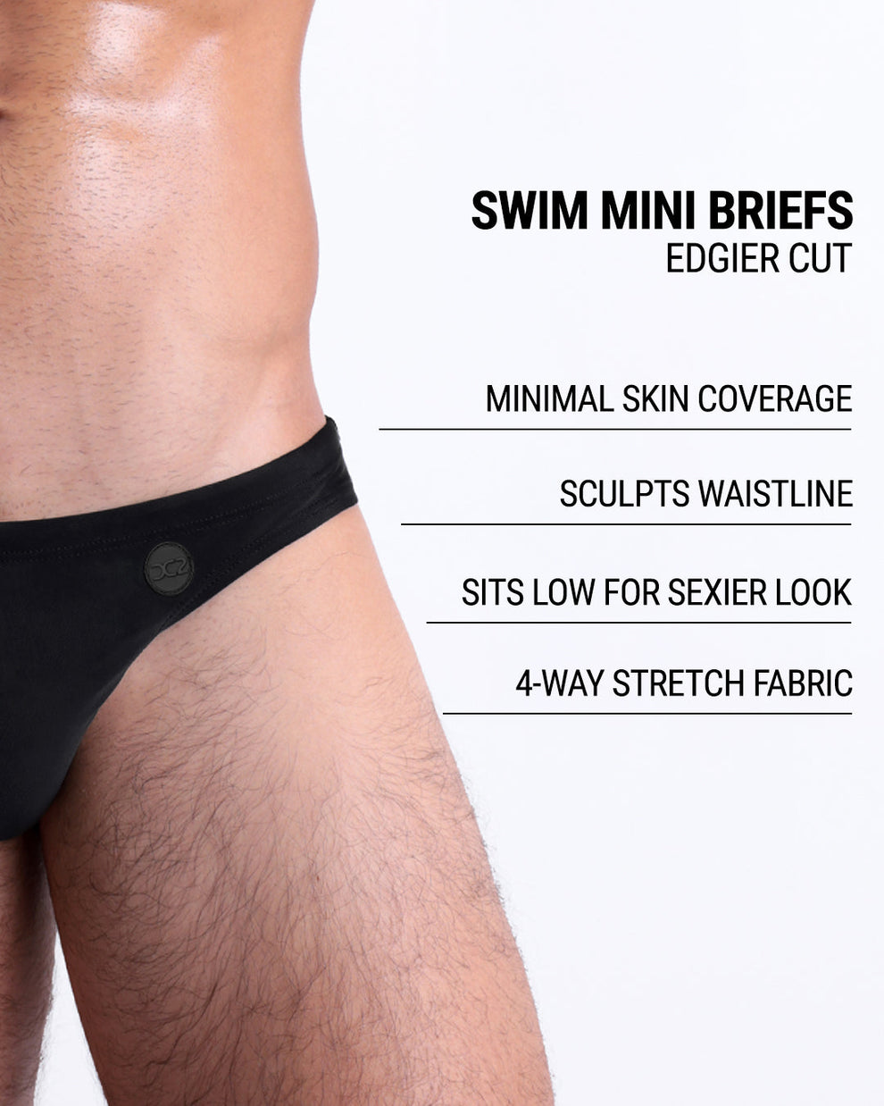 Infographic explaining the edgier cut of the Swim Mini Briefs. Features sculpt waistline, 4-way stretch fabric, sits low for sexier look, and has quick-dry material.