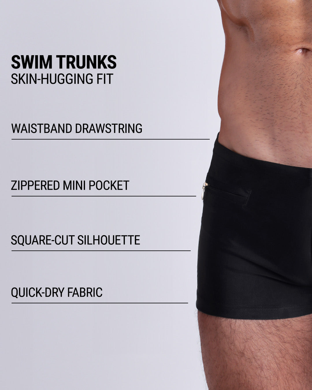 Infographic explaining the Swim Trunks swimming shorts by DC2. These Swim Trunks have a skin-hugging fit, have a waistband drawstring, zippered mini pocket, square-cut silhouette and quick-dry fabric.