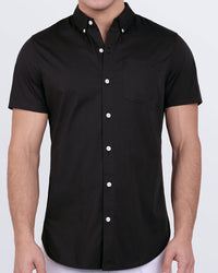 Men’s Jet Black short sleeve cotton shirt with button-up front and chest pocket by DC2 Miami.