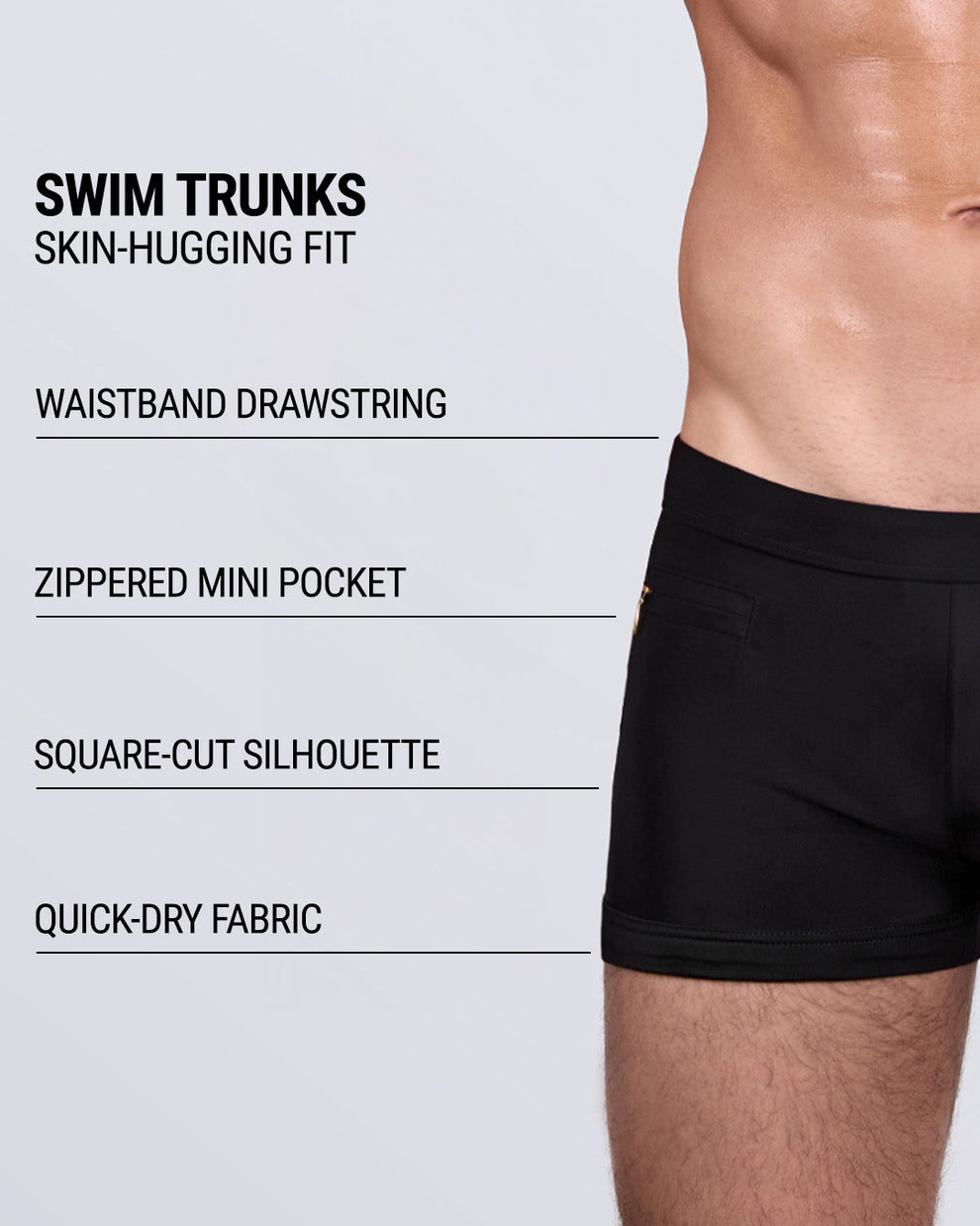 Product details graphic of JET BLACK Swim Trunks — showcasing waistband drawstring, zippered pocket, square-cut silhouette, and quick-dry fabric.