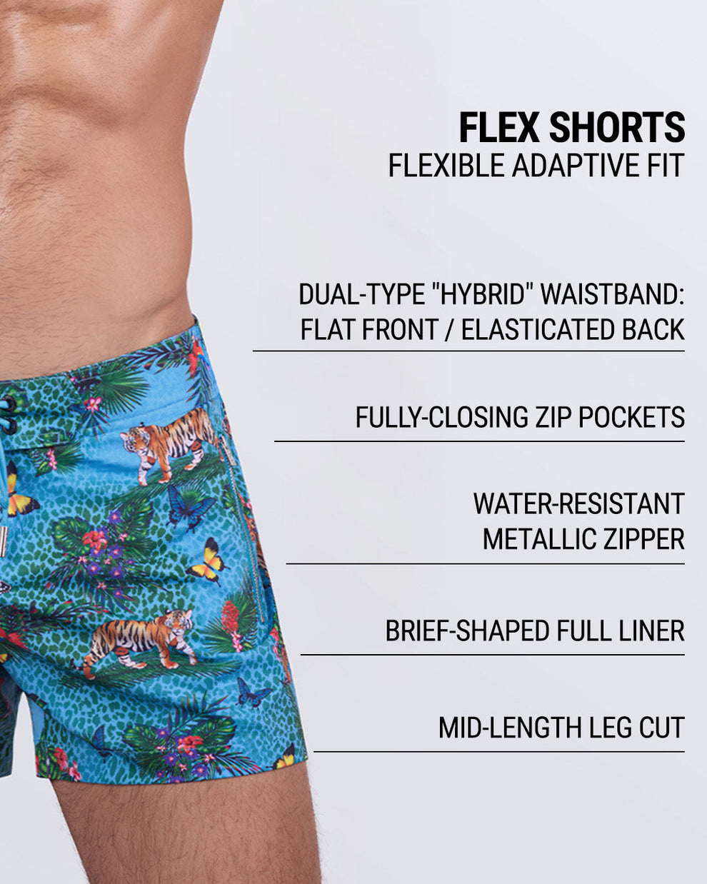A detailed shot emphasizing the JUNGLE BOOGIE - Flex Shorts' key features: hybrid waistband, fully-closing zip pockets, water-resistant metallic zipper, and brief-shaped full liner for all-day comfort.