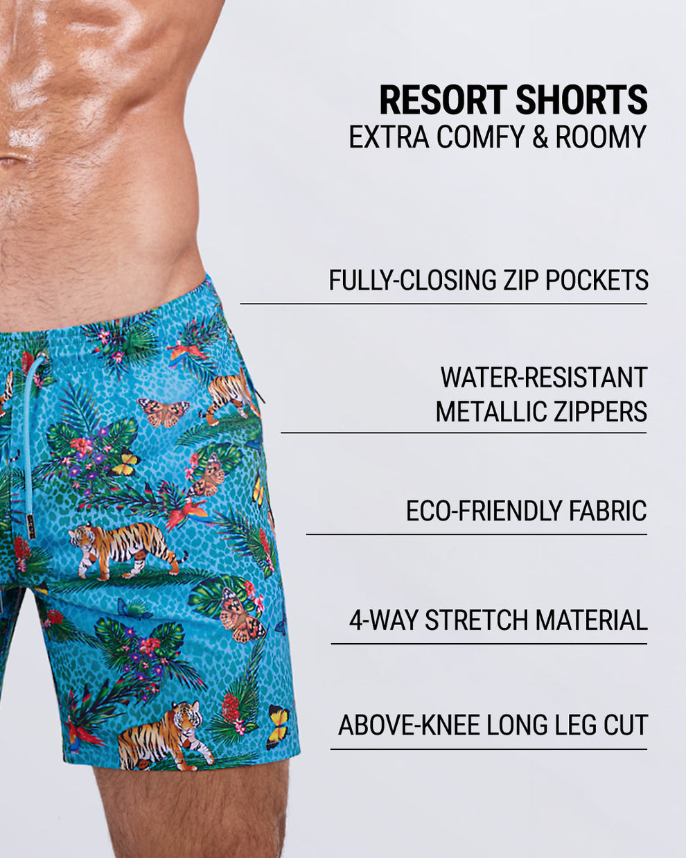 Detailed close-up of the JUNGLE BOOGIE Resort Shorts by DC2 Miami, highlighting key features: roomy, above-the-knee leg cut, elastic waistband with an adjustable drawstring, fully-closing zip pockets, water-repellent fabric, metallic water-resistant zippers, and premium four-way stretch material.