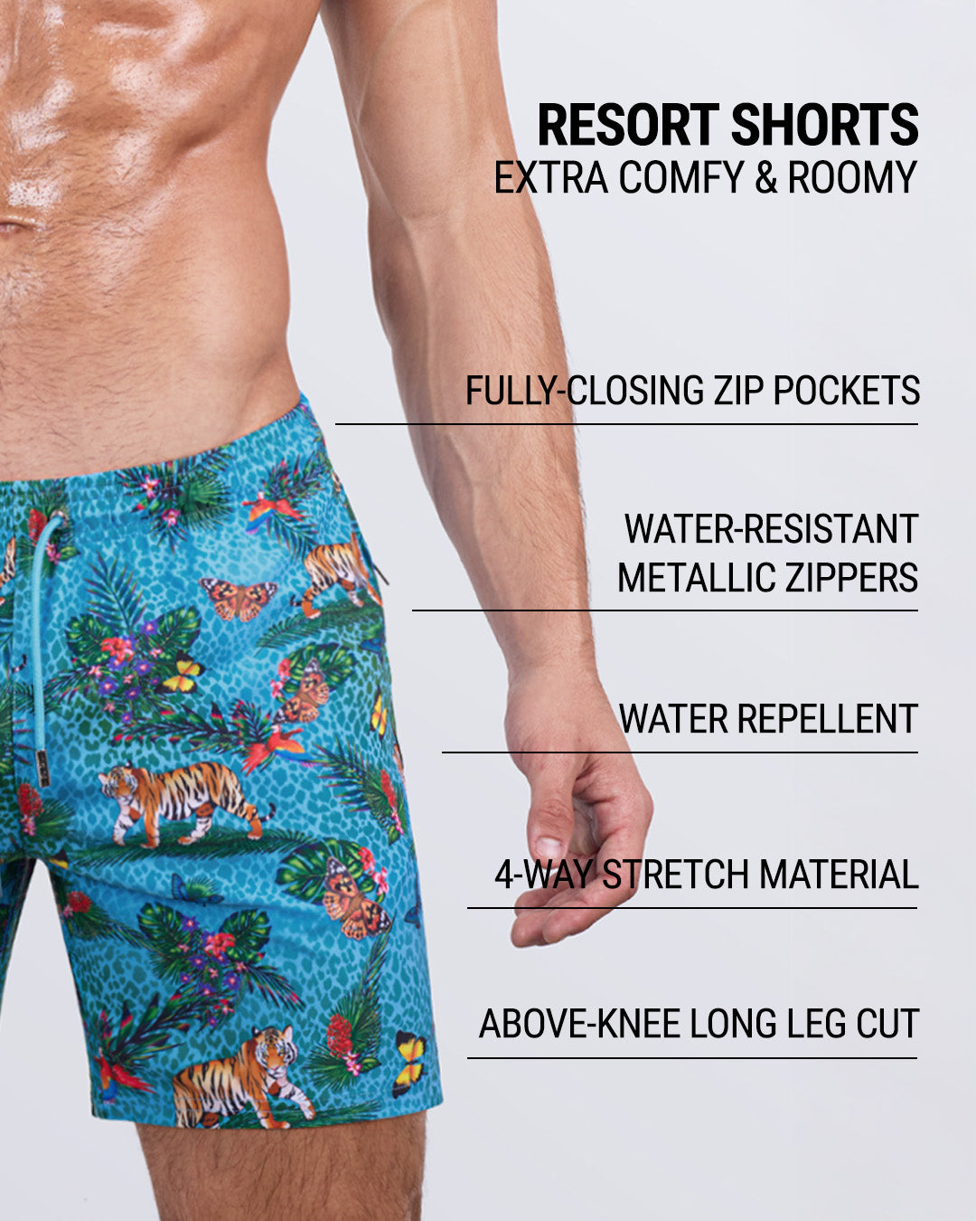 Detailed close-up of the JUNGLE BOOGIE Resort Shorts by DC2 Miami, highlighting key features: roomy, above-the-knee leg cut, elastic waistband with an adjustable drawstring, fully-closing zip pockets, water-repellent fabric, metallic water-resistant zippers, and premium four-way stretch material.