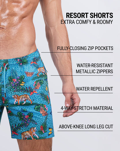 Detailed close-up of the JUNGLE BOOGIE Resort Shorts by DC2 Miami, highlighting key features: roomy, above-the-knee leg cut, elastic waistband with an adjustable drawstring, fully-closing zip pockets, water-repellent fabric, metallic water-resistant zippers, and premium four-way stretch material.