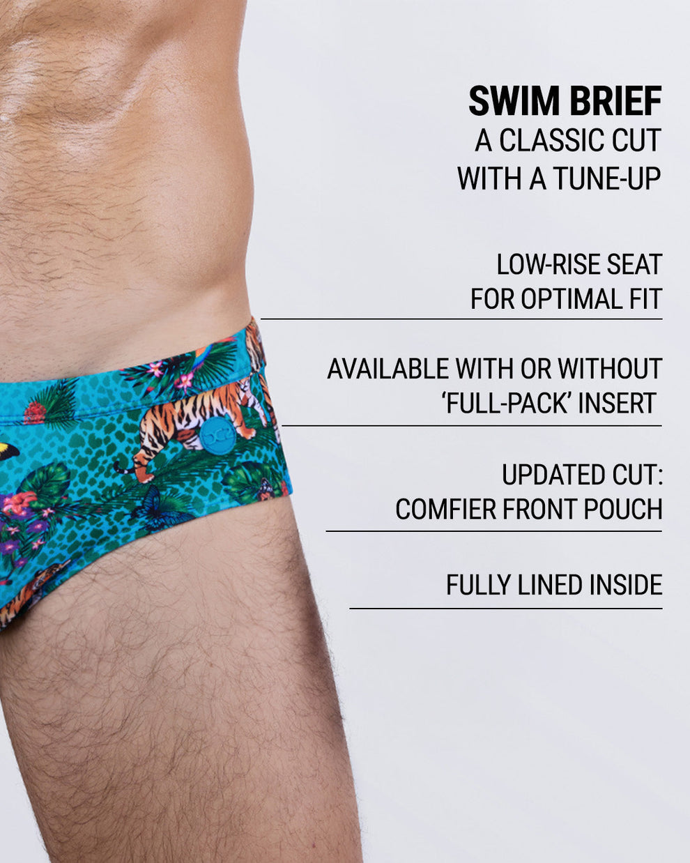JUNGLE BOOGIE Swim Briefs – graphic overlay highlighting low-rise fit, contoured front pouch, full-pack insert option, and fully lined interior for men.