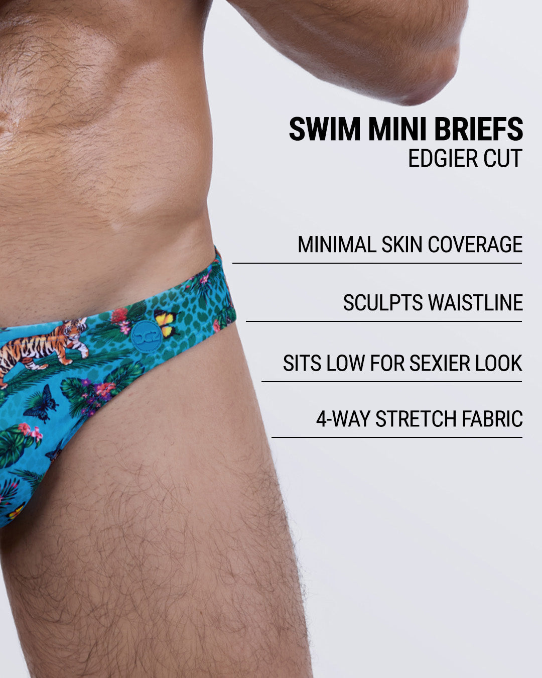 Features of Jungle Boogie Swim Mini Briefs – minimal skin coverage, sculpts waistline, sits low, 4-way stretch fabric for men’s sexy beach swimwear.