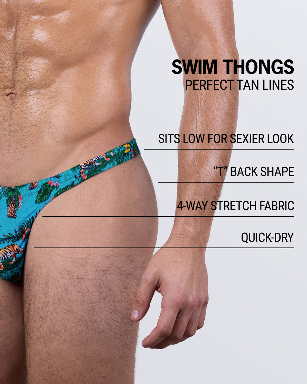 Close-up of DC2 Jungle Boogie men’s swim thong highlighting features: sits low for sexier look, T-back shape, 4-way stretch swim fabric, and quick-dry performance design.