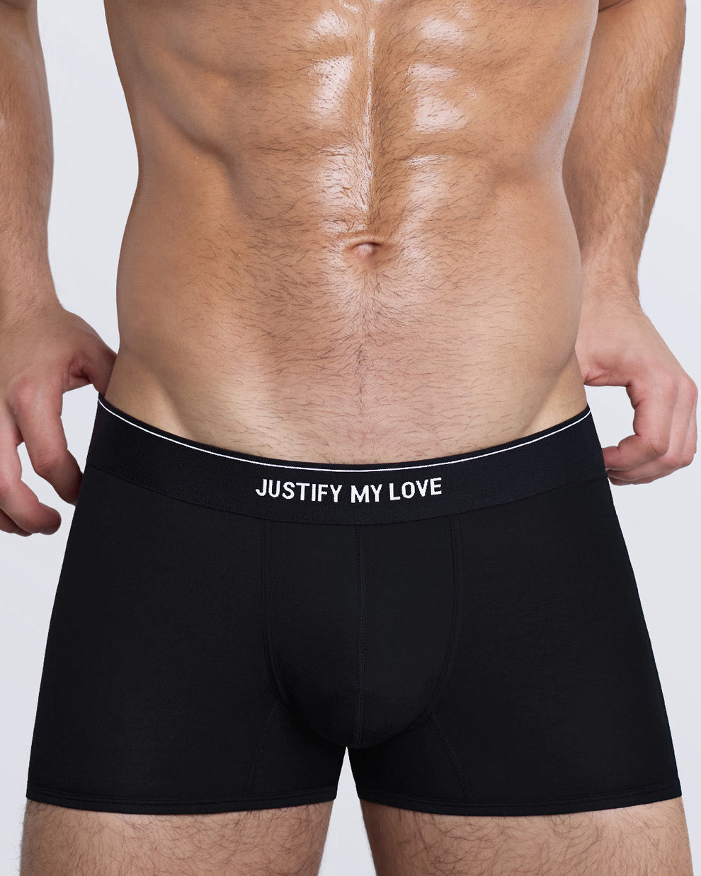 DC2 JUSTIFY MY LOVE Boxer Brief — close-up highlighting contoured pouch, soft modal fabric, and JUSTIFY MY LOVE waistband.
