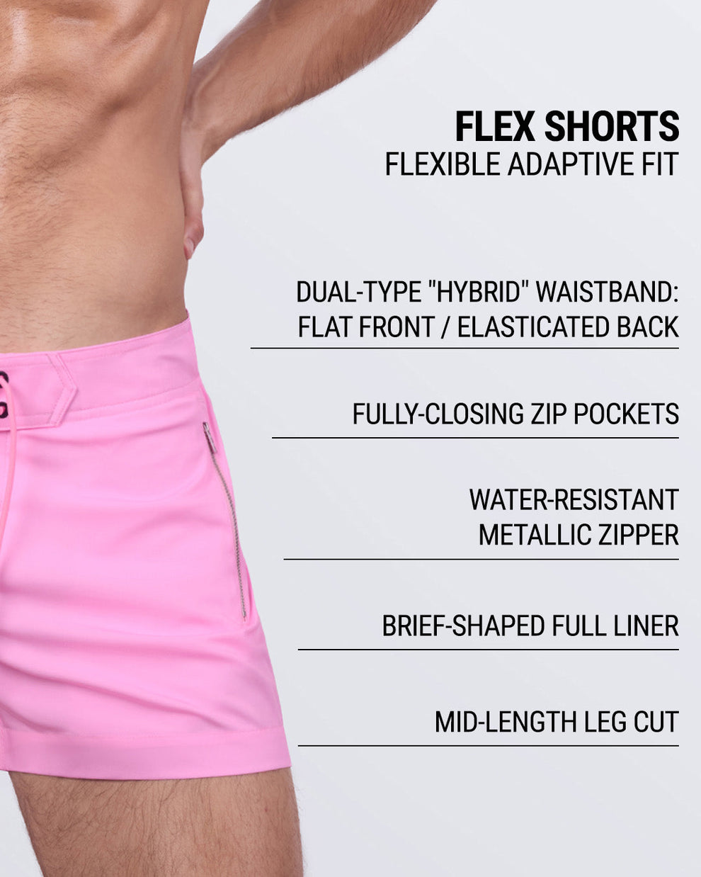 Close-up image emphasizing key features: dual-type "hybrid" waistband (flat front/elasticated back), fully-closing zip pockets, water-resistant metallic zipper, brief-shaped full liner, and mid-length leg cut for a flexible and adaptive fit.