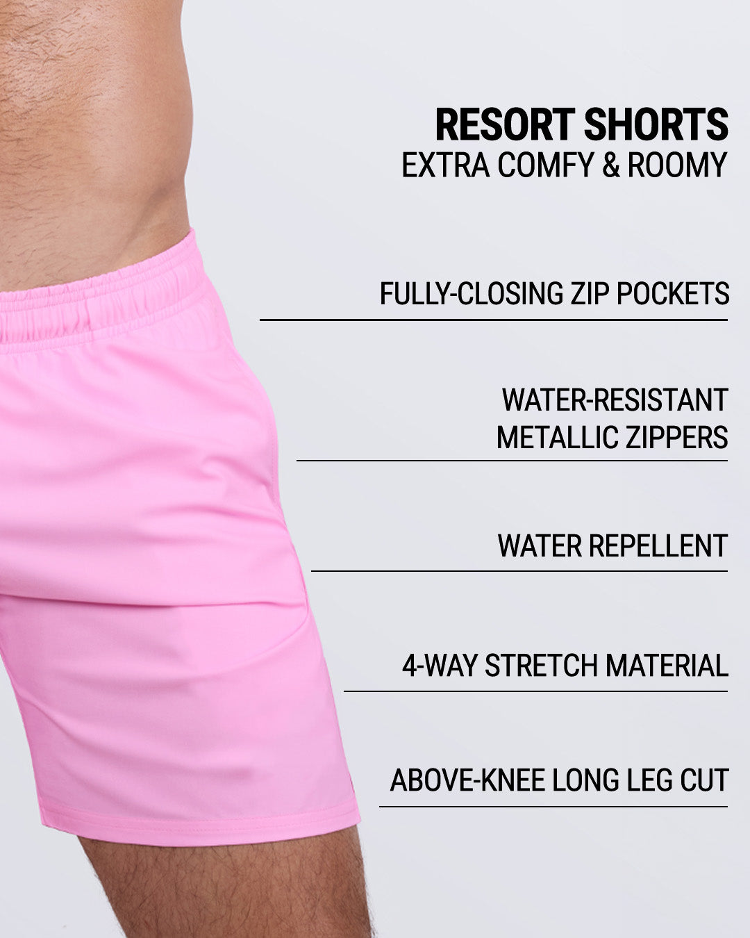 Infographic explaining how extra comfy and roomy Resort Shorts. They have drawstring fastening, premium quality fabric, water repellent, 4-way stretch material features of the resort shorts.