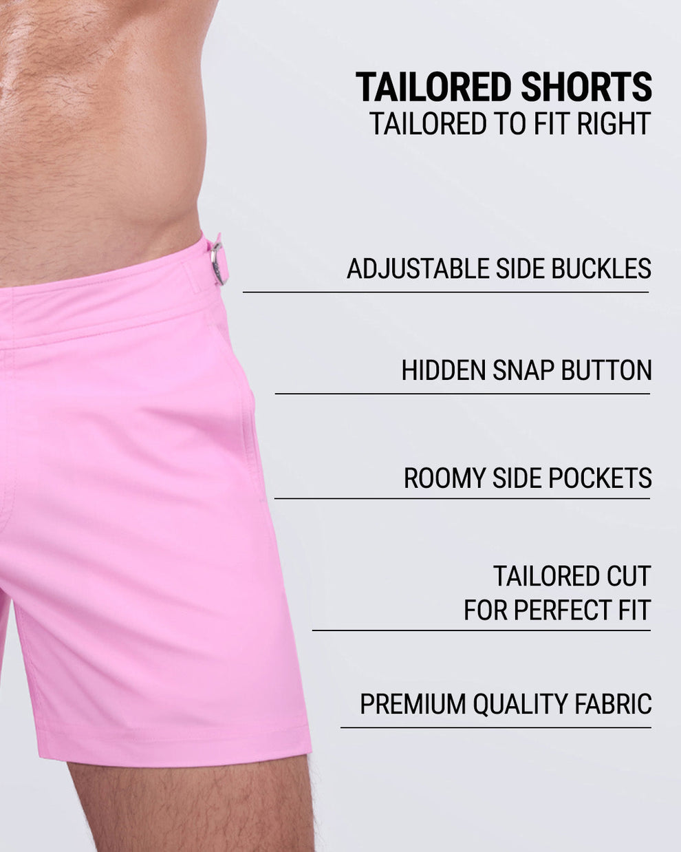 LA BEACH EN ROSE - Men's designer swim shorts in a tailored cut with roomy side pockets, quick-dry premium fabric, and a hidden snap button. A must-have for modern men’s resort wear and luxury swimwear.