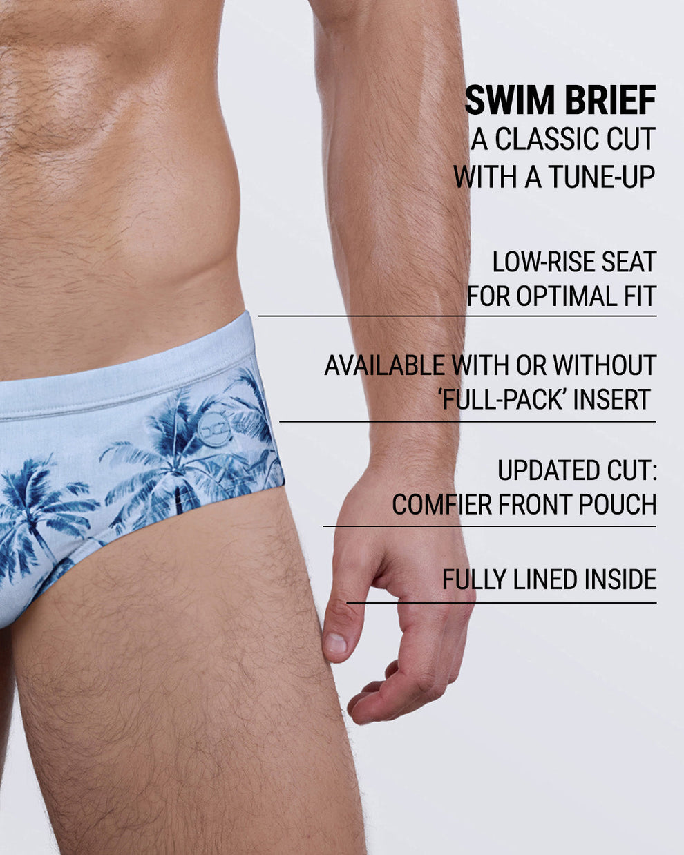 LA ISLA BONITA Swim Brief with text overlay – men's tropical sunga with low-rise seat, comfort pouch, and full-pack insert option.